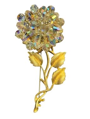 Vintage Aurora Borealis Crystal Rose Floral Brooch Large Goldtone